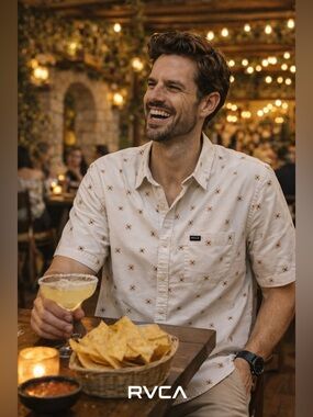 RVCA Cream Short-Sleeve Button-Up Shirt with Small Floral Print